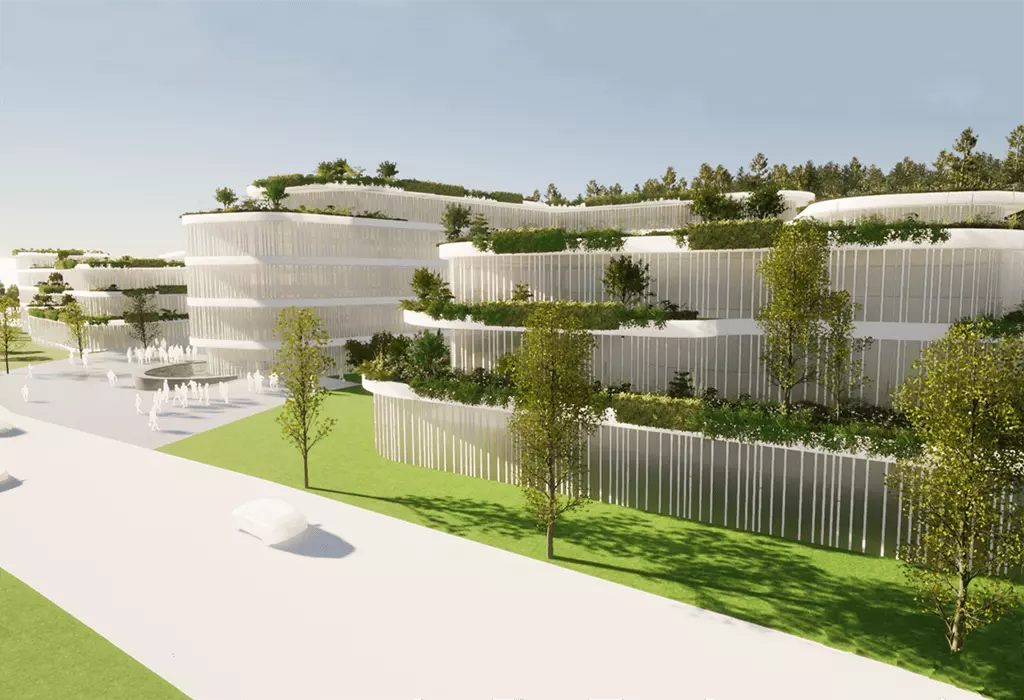 Der Neubau im Gewerbegebiet „Oberkochen Süd III“ besitzt drei, bzw. vier Stockwerke, dem vier rund 20 Meter hohe Mäander vorgebaut sind.  In den kommenden Jahren investiert HENSOLDT hier eine Summe in der Größenordnung von rund 100 Millionen Euro.           Foto: HENSOLDT AG — © HENSOLDT AG