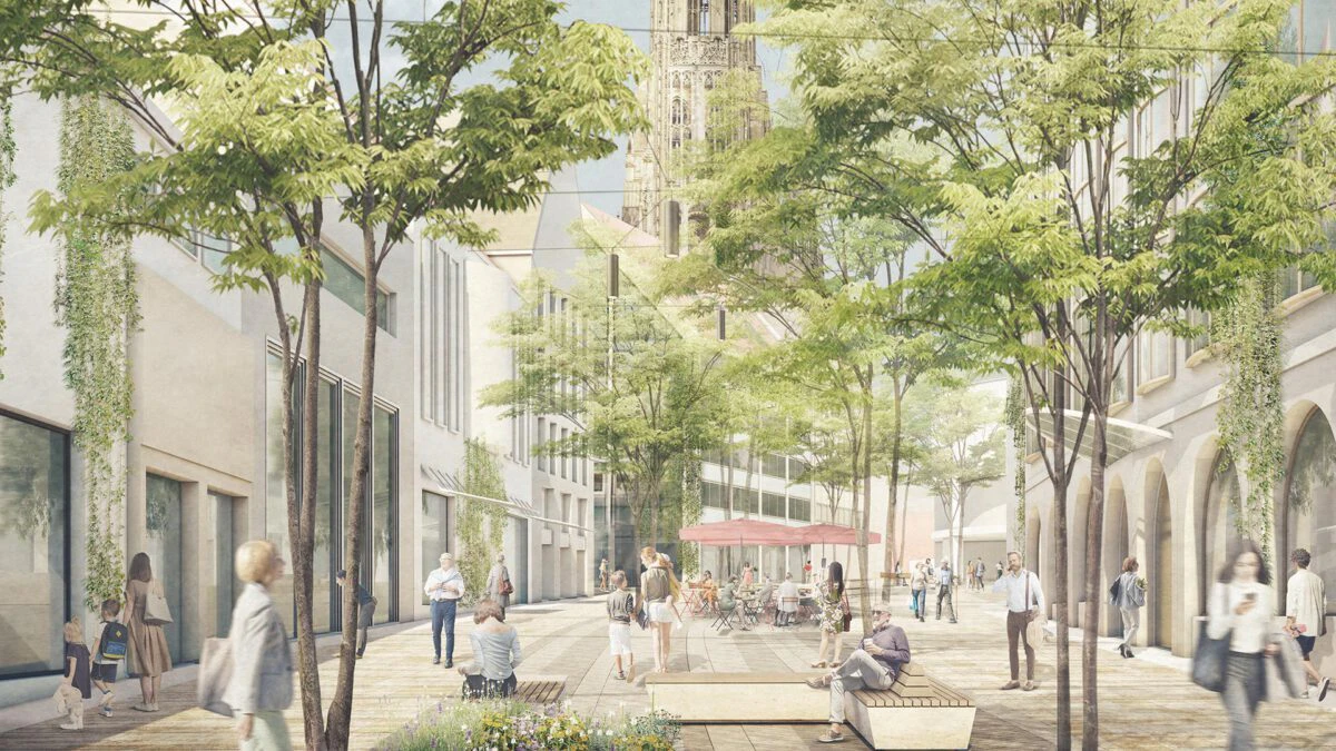 Visualisierung Sanierung Ulmer Hirschstraße — © Terra.Nova Landschaftsarchitektur/München mit Club L94 Landschaftsarchitekten GmbH/Köln