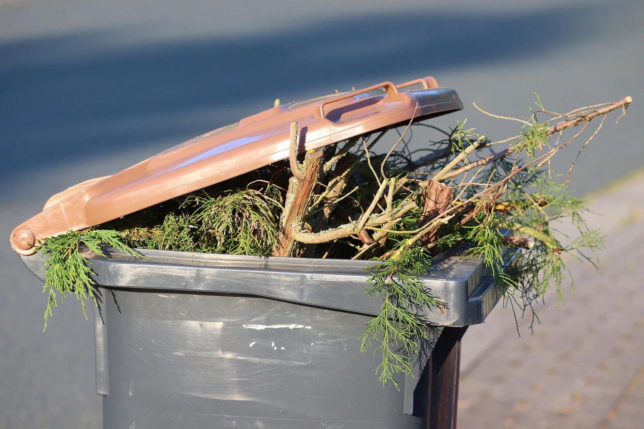 Eine gefüllte Biotonne mit Gartenabfällen