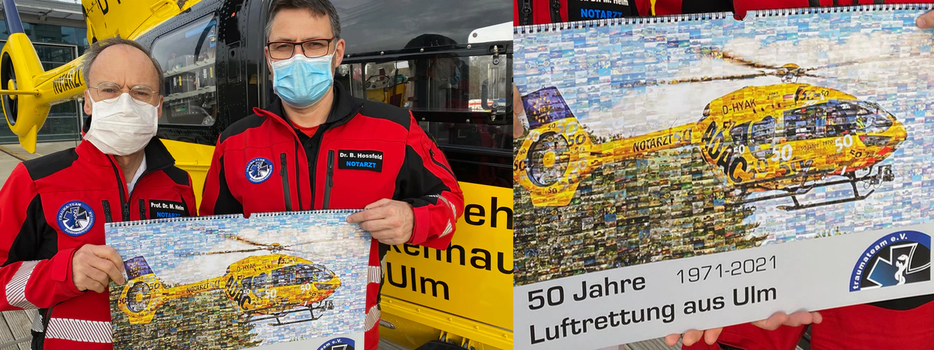 Prof. Matthias Helm (links) und Dr. Björn Hossfeld präsentieren den Jubiläumskalender „50 Jahre Luftrettung aus Ulm“ — © BWK