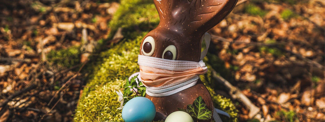 Ein Schokoladenosterhase sitzt mit einem Mund-Nasen-Schutz im Moos