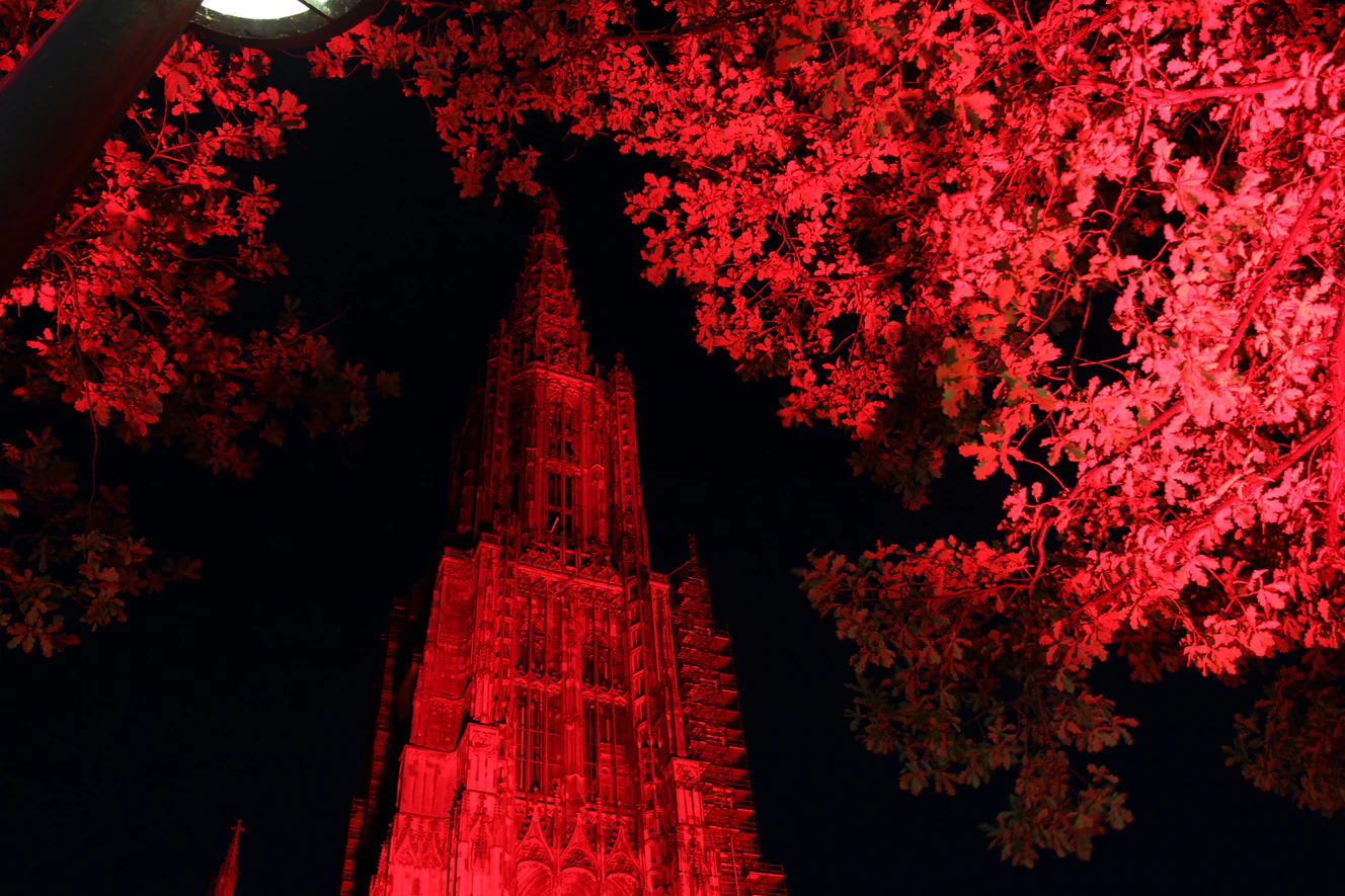 Das Münster rot angestrahlt