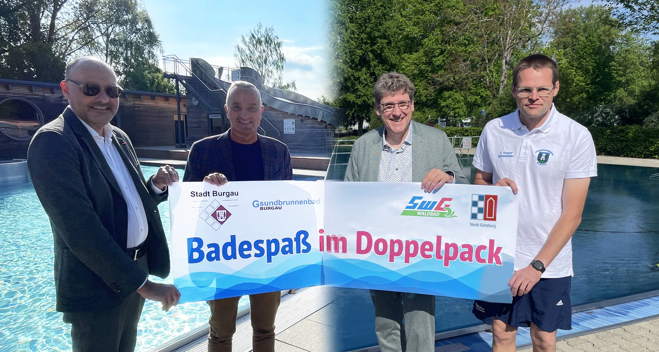 Stadtwerke-Günzburg-Vorstand Lothar Böck, Günzburgs Oberbürgermeister Gerhard Jauernig, Burgaus Bürgermeister Martin Brenner und Burgaus  Freibadchef Sebastian Wagner präsentieren stolz das Kombiticket für die beiden Freibäder  im nördlichen Landkreis. — © Michael Lindner/Stadt Günzburg