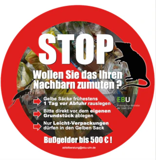 Warnschild der EBU zur falschen Entsorgung gelber Säcke — © EBU