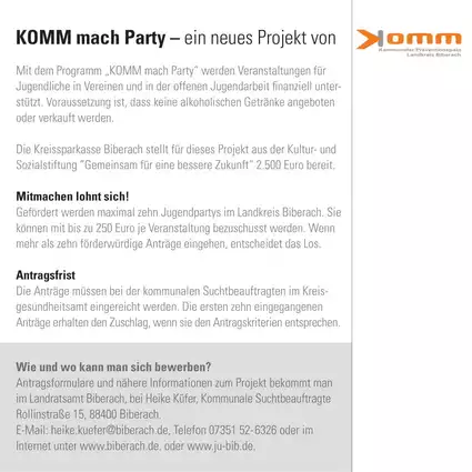 „KOMM mach Party! – Kommunaler Präventionspakt (KOMM) fördert wieder alkoholfreie Partys für Jugendliche“ — © KOMM - Kommunaler Präventionspakt im Landkreis Biberach