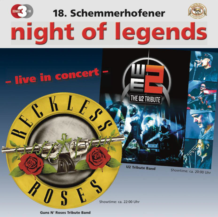 Bei der night of Legends treten die Tribute-Bands Reckless Roses und WE2 auf.