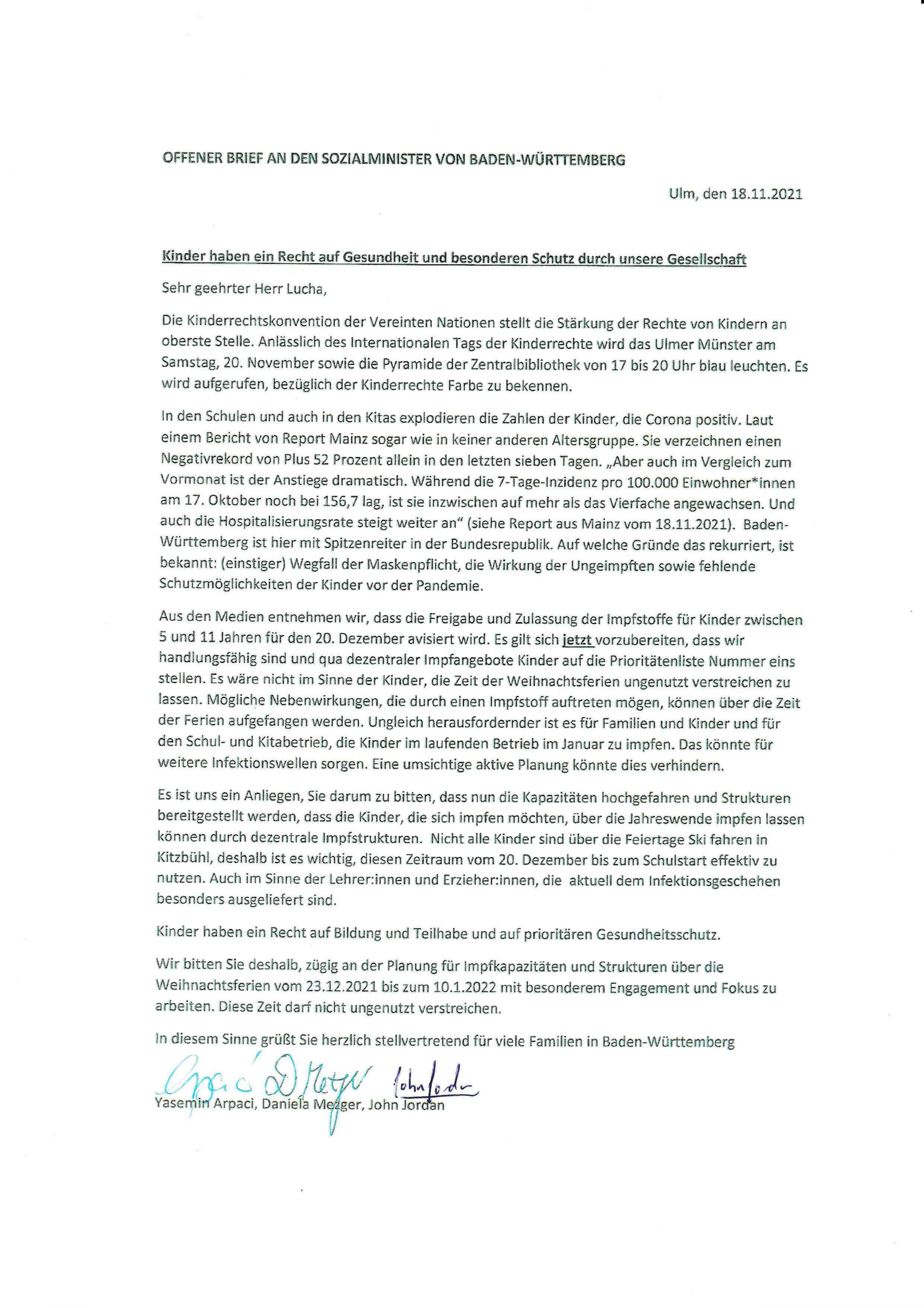 Drei Ulmer Eltern haben einen offenen Brief an Gesundheitsminister Lucha geschrieben. 