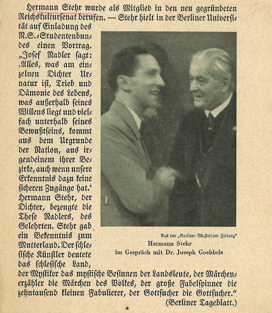 Goebbels und Stehr 1935 bei der Aufnahme ins Reichskulturdezernat (DLA Marbach, Mediendokumentation)