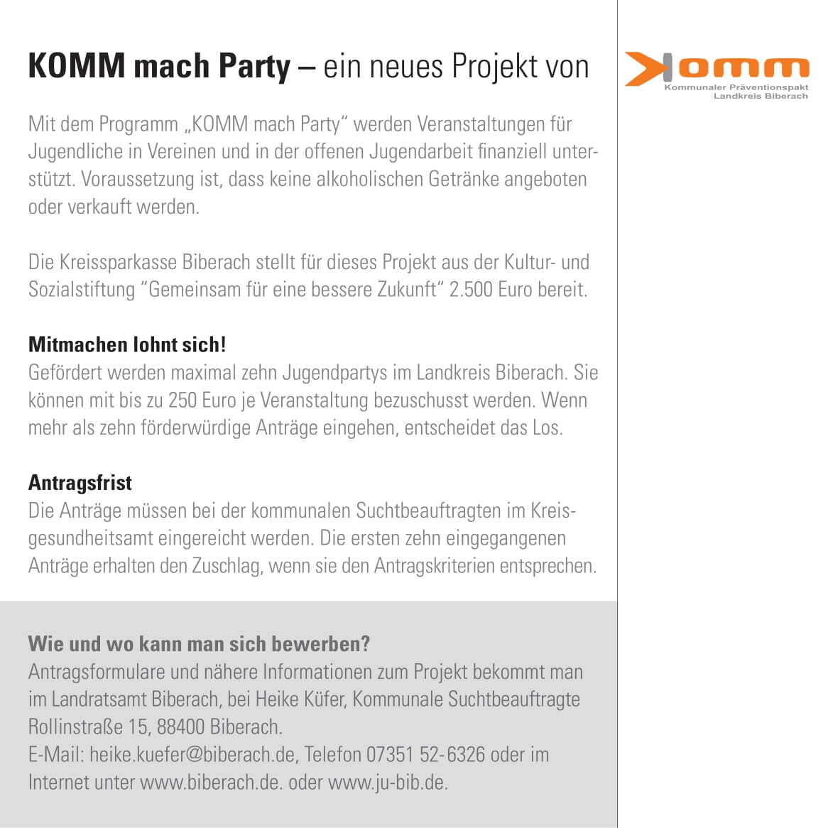 „KOMM mach Party! – Kommunaler Präventionspakt (KOMM) fördert wieder alkoholfreie Partys für Jugendliche“
